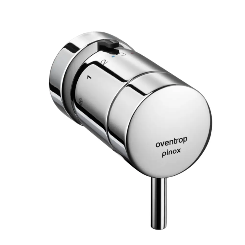 Thermostat von Oventrop mit verchromter Oberfläche und Drehregler zur Temperaturregelung. Das Produkt zeigt Skalen für Temperaturanzeigen.